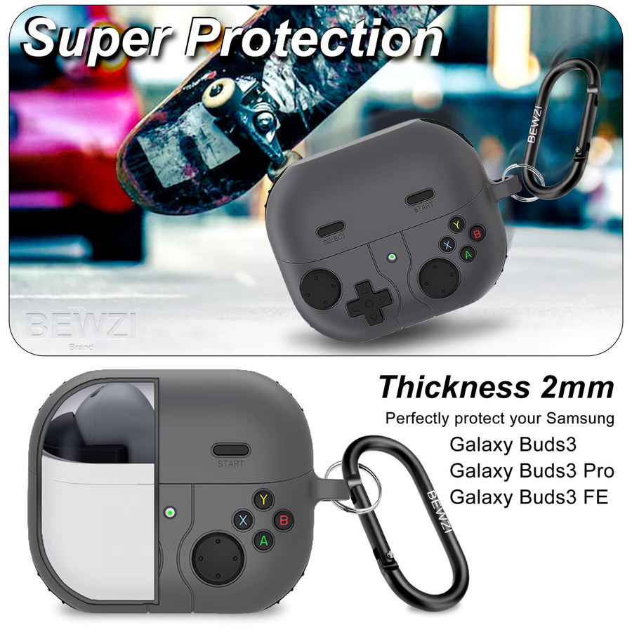Samsung Schutzhülle für Galaxy Buds 3 Pro, Galaxy Buds 3 und Galaxy Buds 3 FE mit Anti-Drop-Schutz und zwei Haken in Grau - Bild 3