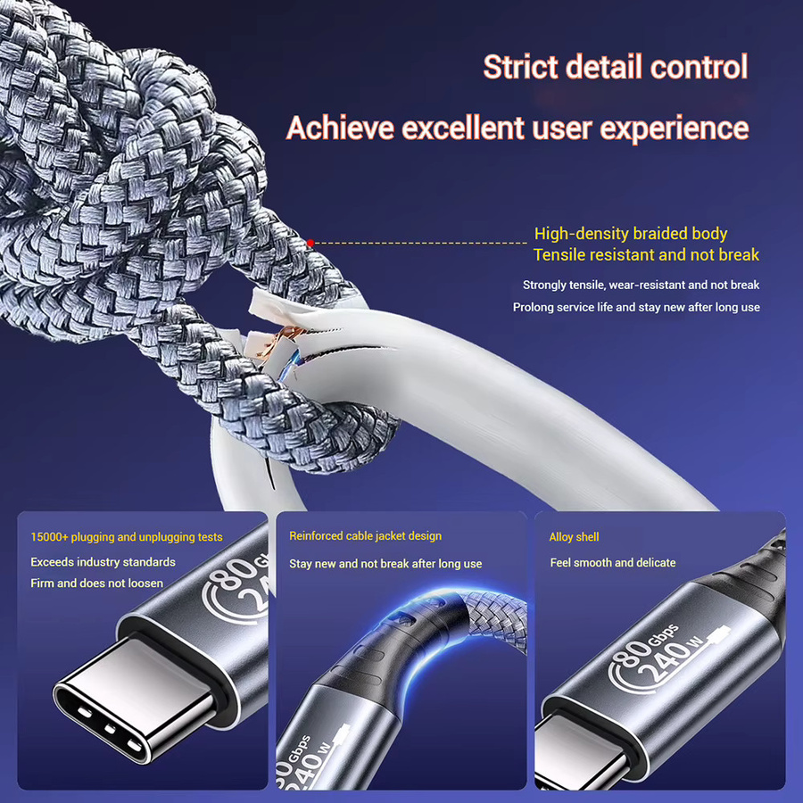 Fanakm USB 4 Gen 3 Kabel mit 80 Gbit/s und 240 W für Thunderbolt 5, USB-C auf USB-C, 8K@60Hz DisplayPort, grau, rechtwinklig 90 Grad - Bild 4