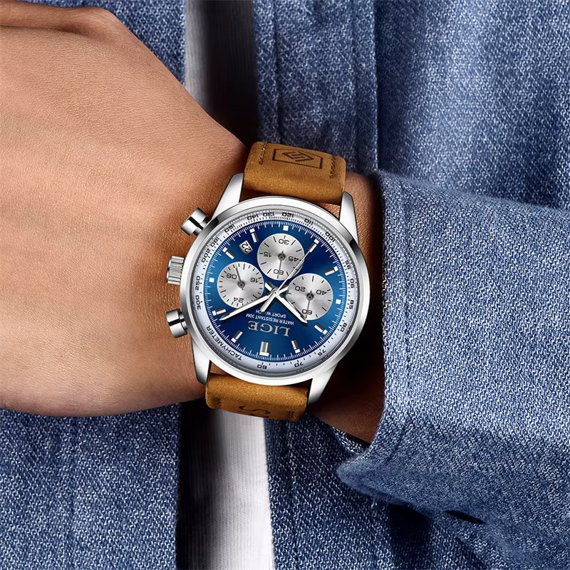 LIGE Armbanduhr Chronograph, Quarz, Leder, Herren, Blau - Bild 5