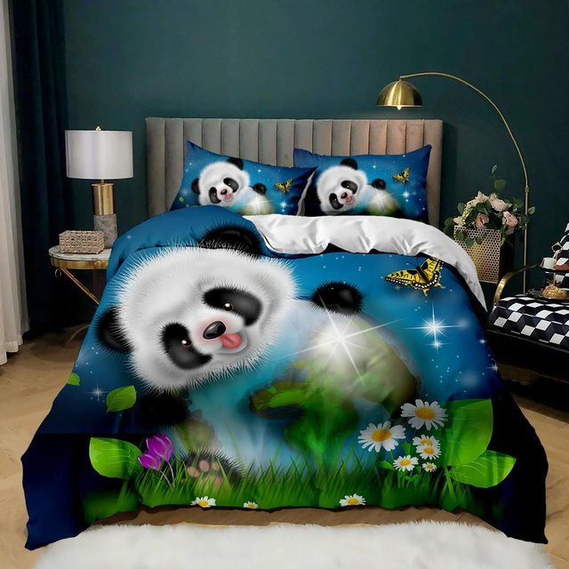 Bettbezug und Kissenbezug Set mit Panda Motiv für Kinder in Blau, B/H: 135 x 200 cm - Bild 1