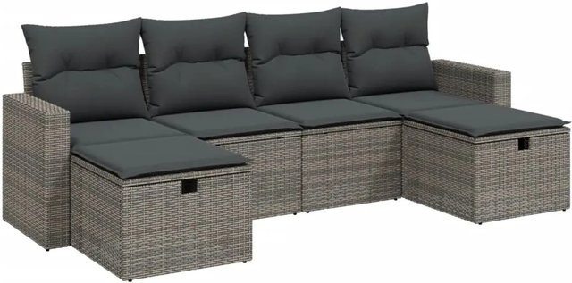 vidaXL 6-teilige Garten-Sofagarnitur in L-Form aus Polyrattan und Metall in Grau mit Kissen - Bild 1