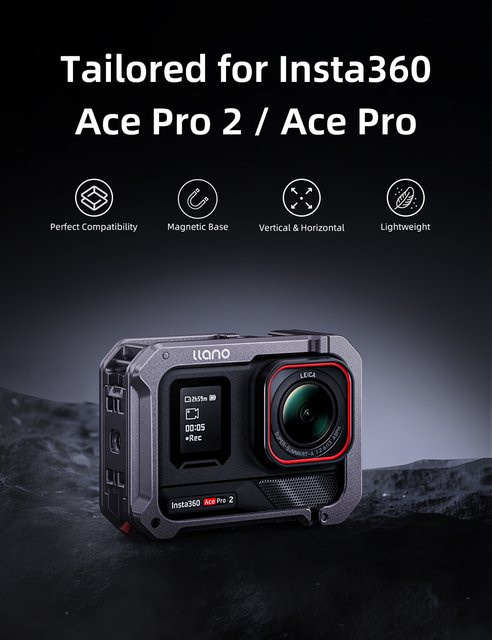 llano Aluminium-Käfiggehäuse für Insta360 Ace Pro und Ace Pro 2 Action-Kamera in Schwarz - Bild 1