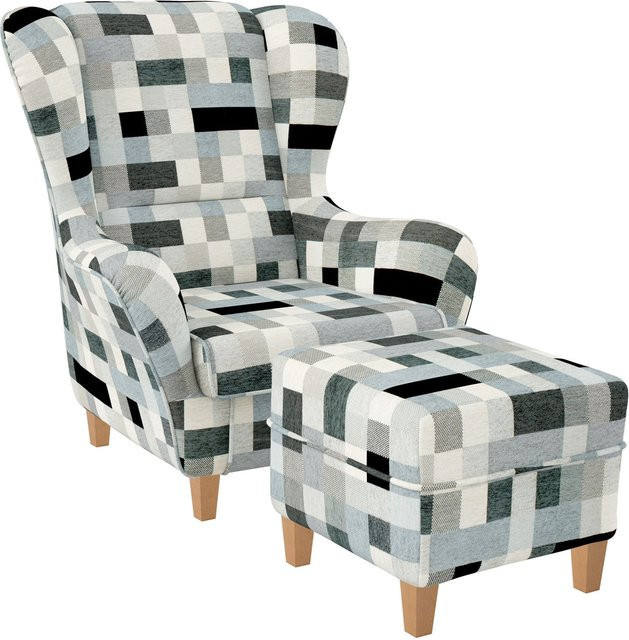 Supellex Sofia Ohrensessel mit Hocker in Grau mit Patchwork-Karomuster aus Webstoff - Bild 1