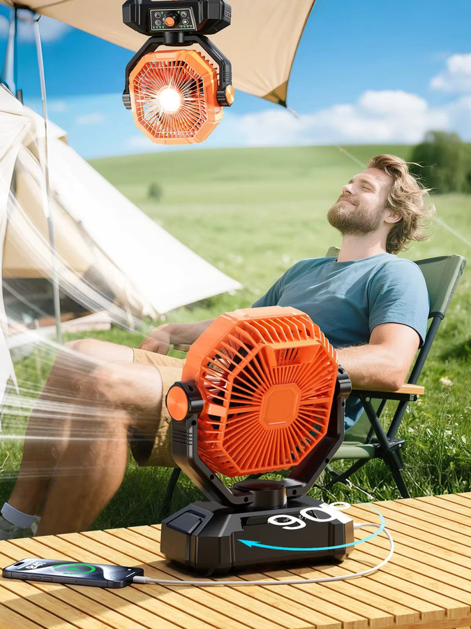 ColdSky Camping-Ventilator mit LED-Laterne und Fernbedienung, tragbarer 8-Gang-Tischventilator mit 20000mAh Akku und Haken für Zelt und Outdoor, Orange - Bild 1