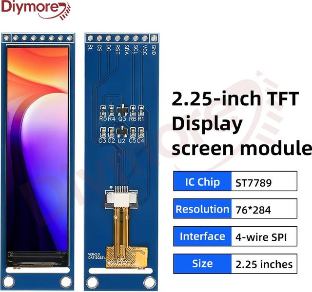 diymore 2,25-Zoll-TFT-LCD-Bildschirmmodul ST7789 mit SPI-Schnittstelle in Blau, B/H: 76 x 284 mm - Bild 1