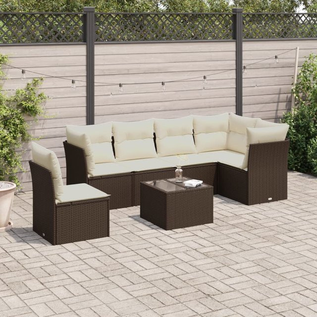 vidaXL 7-teilige Garten-Sitzgruppe aus Polyrattan in L-Form mit Kissen, Braun - Bild 3