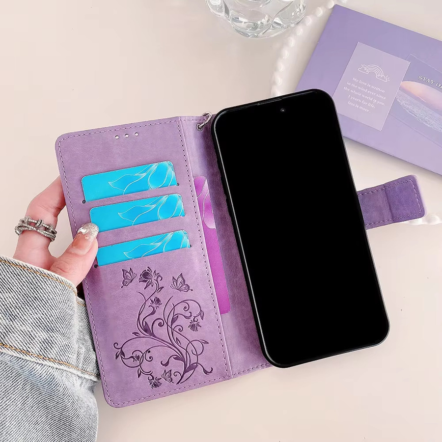 Samsung Flip-Cover Handyhülle mit Schmetterlings-Prägung und Magnetschnalle für Galaxy A55 A35 A15 A25 A54 A34 A24 A14 A53 A33 in Gold und Purple - Bild 2