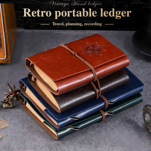 Retro Piraten Notizbuch mit Ledercover in Blau, A7 Reiseplaner und Tagebuch mit losen Blättern - Bild 1