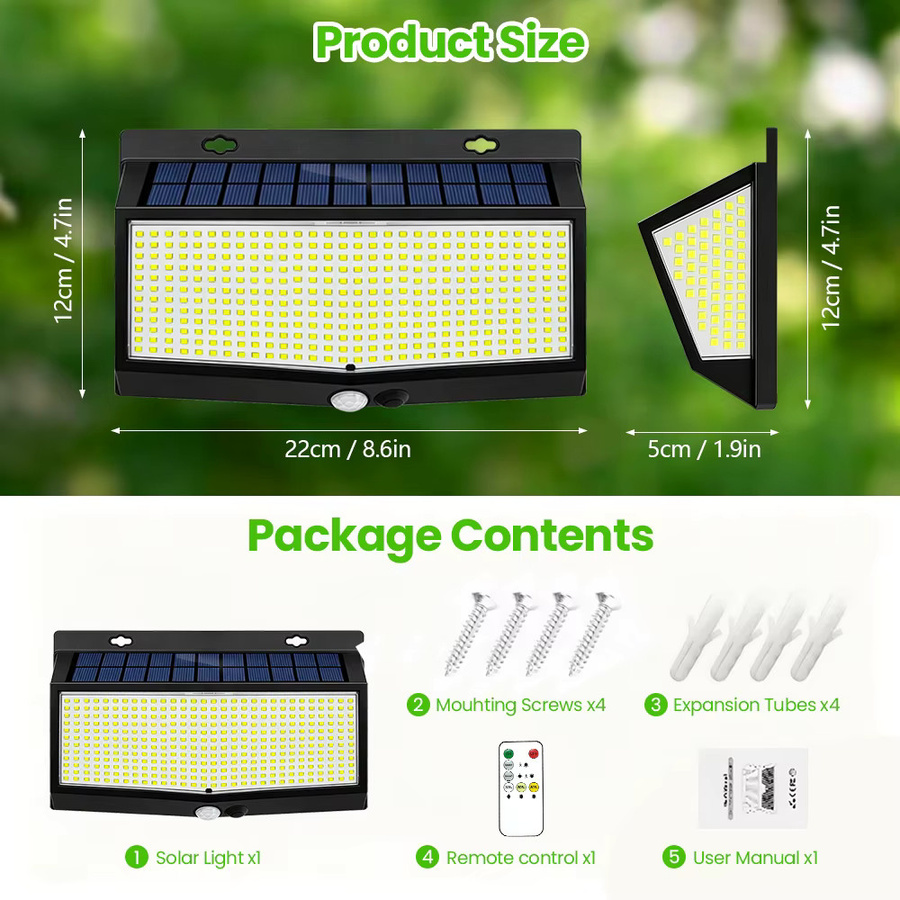 Solarbetriebene LED Außenleuchten mit 528 LEDs und Bewegungsmelder, wasserdichte Solar-Flutlicht-Wandleuchten für Garten, Terrasse und Hof, Schwarz - Bild 7