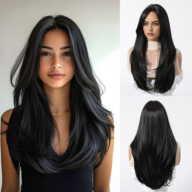 GEMMA Perücke, lange gerade geschichtete Haare, schwarz, synthetisch, Damen - Bild 1