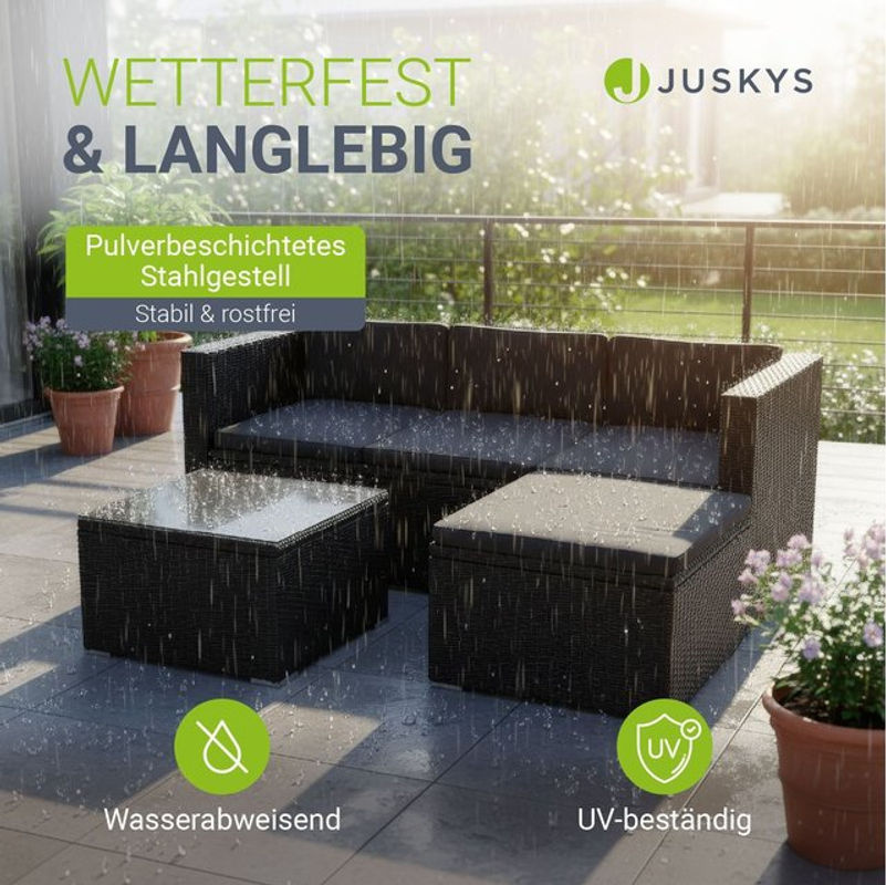 Juskys Polyrattan Lounge Sitzgarnitur Punta Cana M in Schwarz mit dunkelgrauen Bezügen für 3-4 Personen inklusive Sofa, Tisch und Hocker - Bild 5
