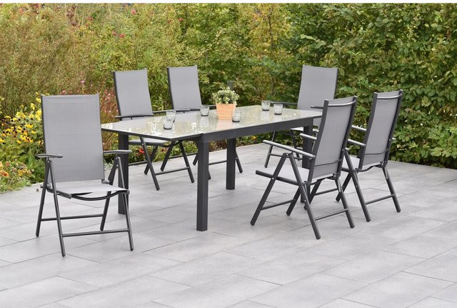 Merxx Gartenmöbelset Amalfi 7-teilig in Grau mit Tisch und Klappsesseln aus Aluminium und Textil - Bild 1