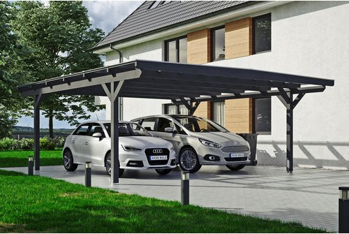 Skan Holz Carport Odenwald aus Fichte in Schiefergrau mit Doppelstegplatten und flacher Dachform, Breite: 640 cm, Tiefe: 648 cm, Höhe: 244 cm - Bild 3
