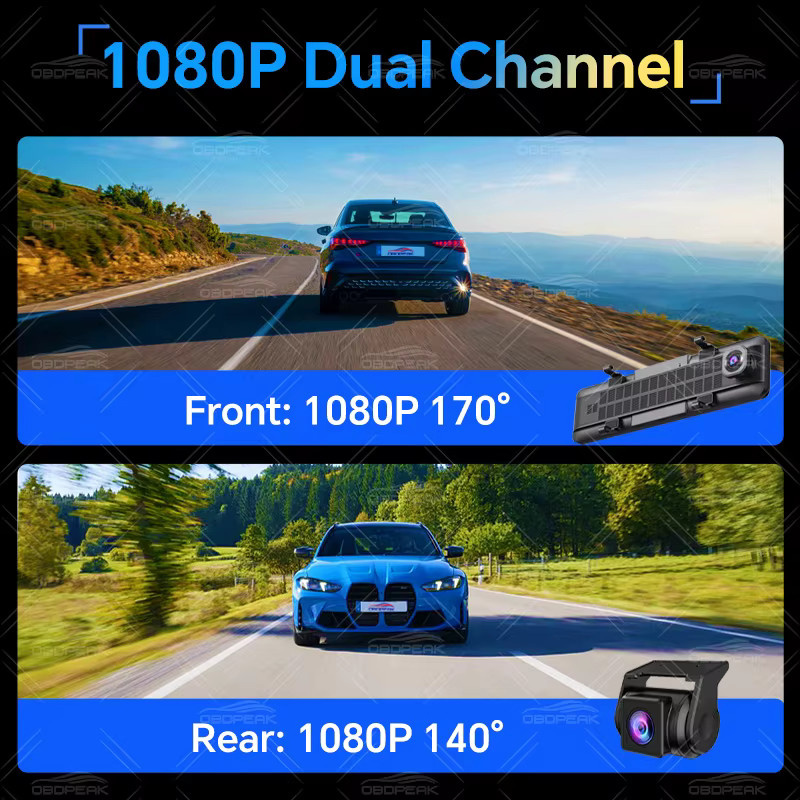 OBDPEAK D90 Smart Rückspiegel Dashcam mit 11,26 Zoll KI-Bildschirm, Android 14, 4G+64G, GPS-Navigation, Carplay und Android Auto, Dual-Linsen Videorekorder in Schwarz - Bild 2