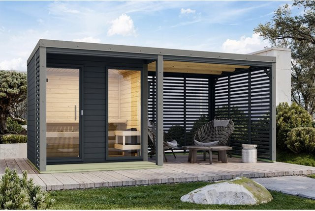 Karibu Anbaudach für Karibu Saunahaus Seros in Anthrazit-Grau mit Lamellenoptik aus Aluminium - Bild 1