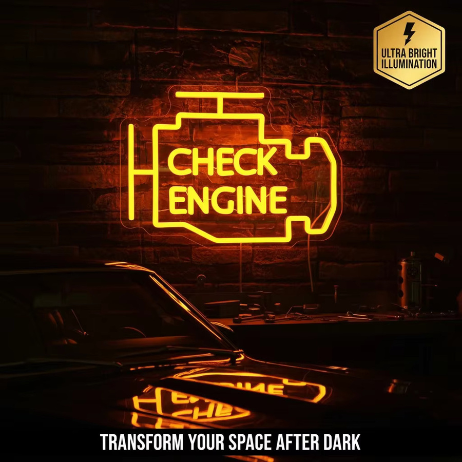Check Engine Neon-LED-Wanddekoration in Gelb mit schwarzem Kunststoffgehäuse für Garage, Werkstatt oder Spielzimmer - Bild 2