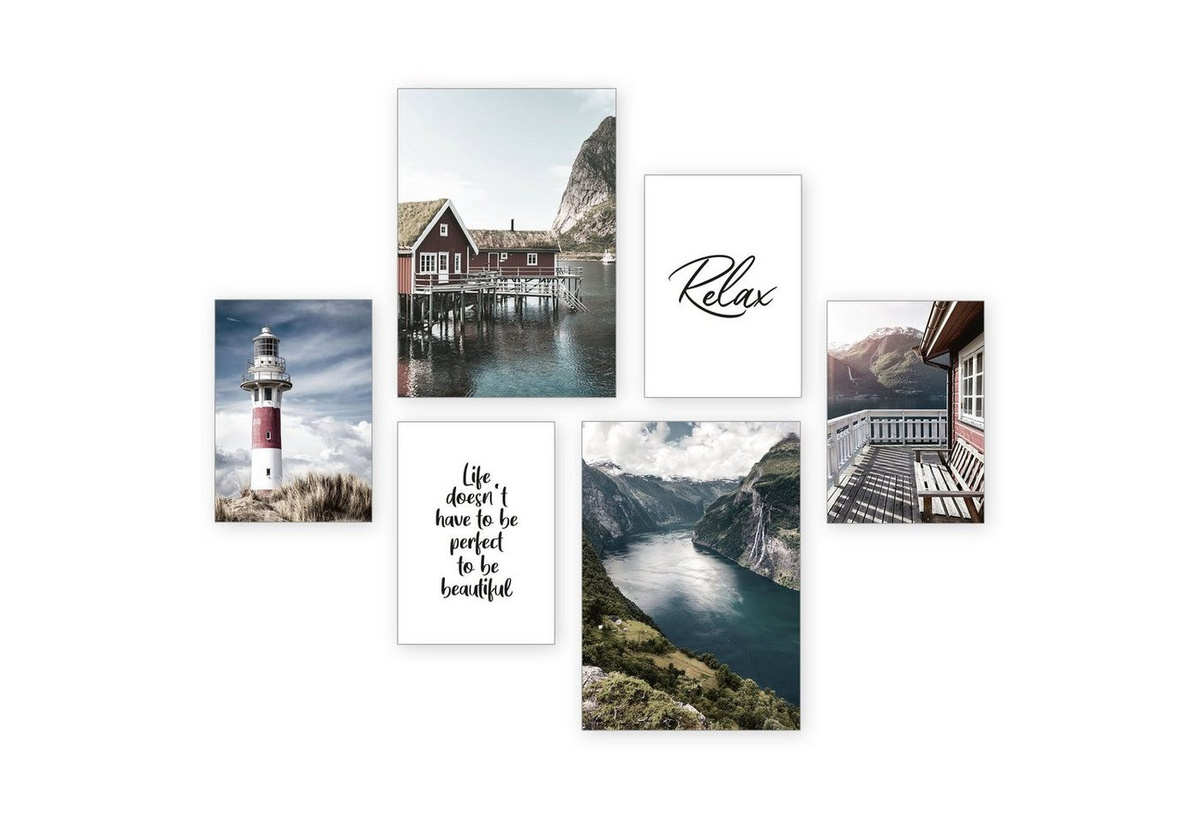 6-teiliges Poster-Set Kreative Feder Norwegen Leuchtturm Küste und Meer mit Spruch als Wandbild - Bild 1