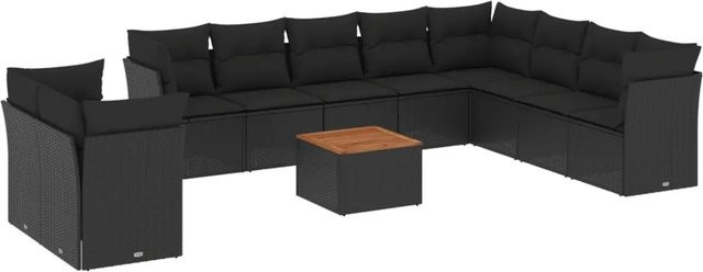 vidaXL 11-tlg Garten-Sofagarnitur Modell 45 aus Poly Rattan und Akazienholz in Schwarz mit Kissen - Bild 1