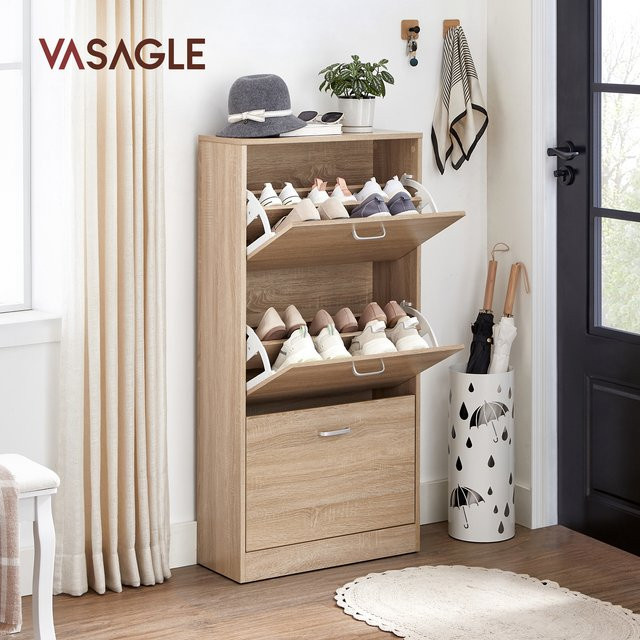 Songmics VASAGLE Schuhschrank mit 3 Klappen in Eichenoptik, 3 Ebenen, Farbe: Braun/Beige, B/T/H: 60 x 24 x 120 cm - Bild 1