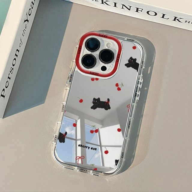 Black Cat Cherry LUCKY Spiegel-Handyhülle für iPhone 11 bis 17 Pro Max, Multicolor, Weiche Schutzhülle - Bild 1