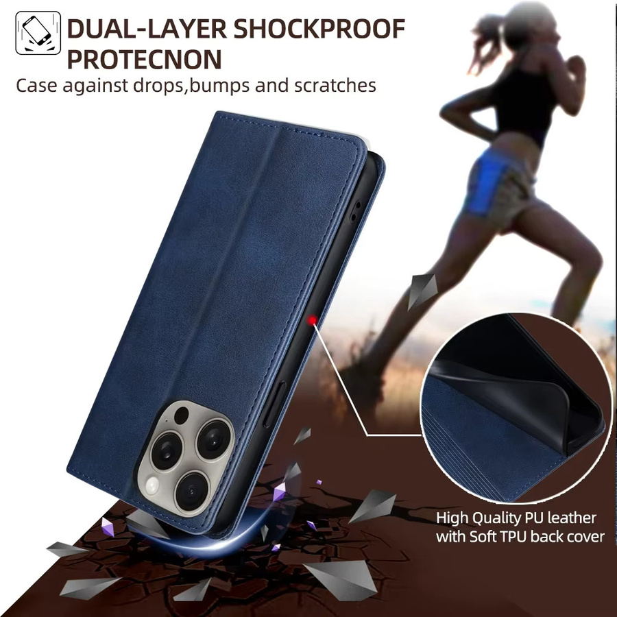 Business Leder Handyhülle für Apple iPhone als magnetische Brieftasche mit Kartenfächern in Blau - Bild 4