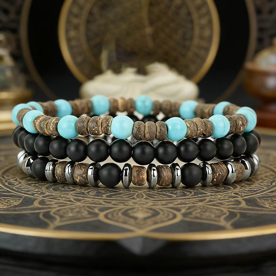 Noter Armband-Set, Kokosnussstein-Perlen, Howlit, Onyx, Lava, Herren, Bunt - Bild 3