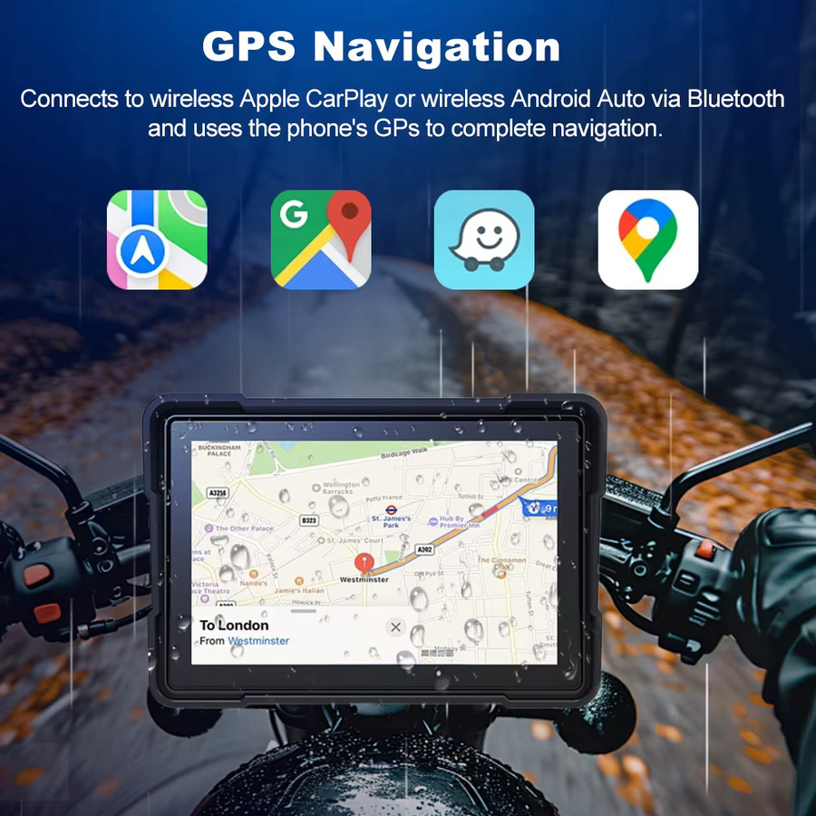 BEPOCAM Digitaler Motorrad-Monitor mit GPS-Navigation, CarPlay und Android Auto, Wasserdichter Touchscreen, Schwarz - Bild 4