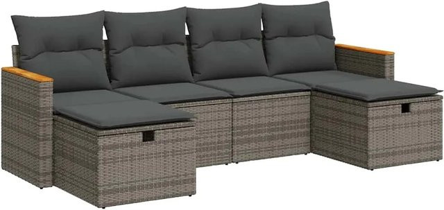 vidaXL 6-teilige Garten-Sofagarnitur in L-Form mit Kissen und Ottoman, Grau, Poly Rattan und Akazienholz - Bild 1
