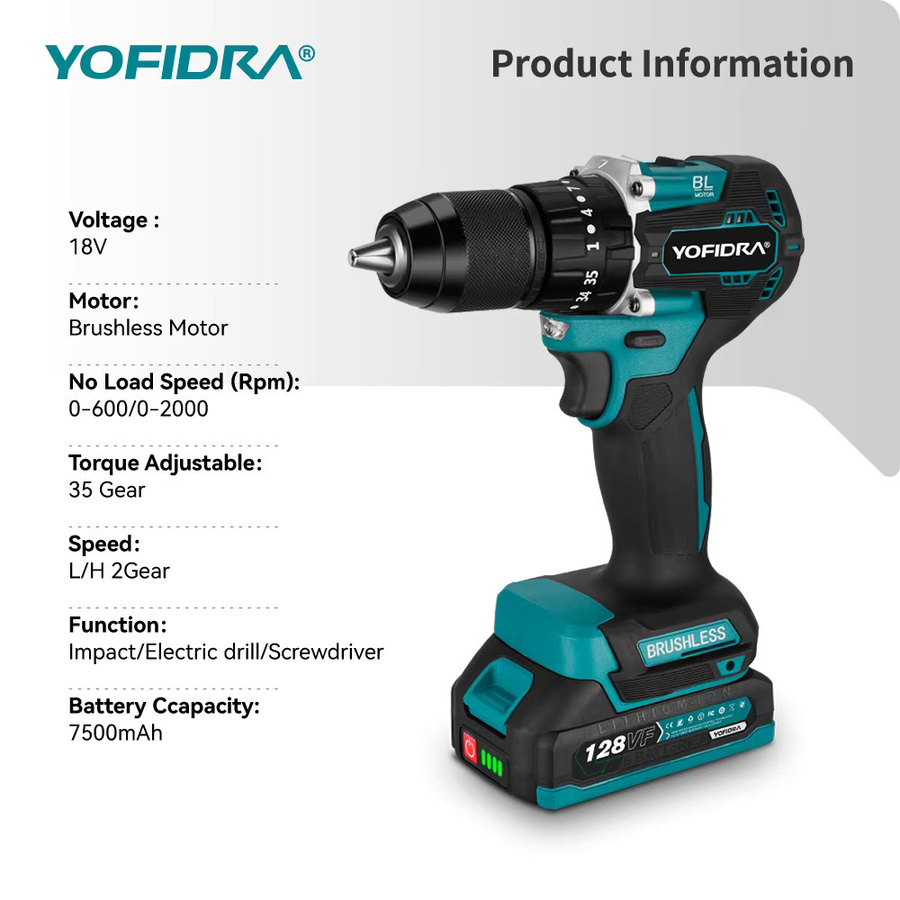 YOFIDRA Bürstenlose elektrische Schlagbohrmaschine mit 35+3 Drehmomentstufen, kompatibel mit Makita LXT Akkus, Akkubohrschrauber für Holzbearbeitung - Bild 3