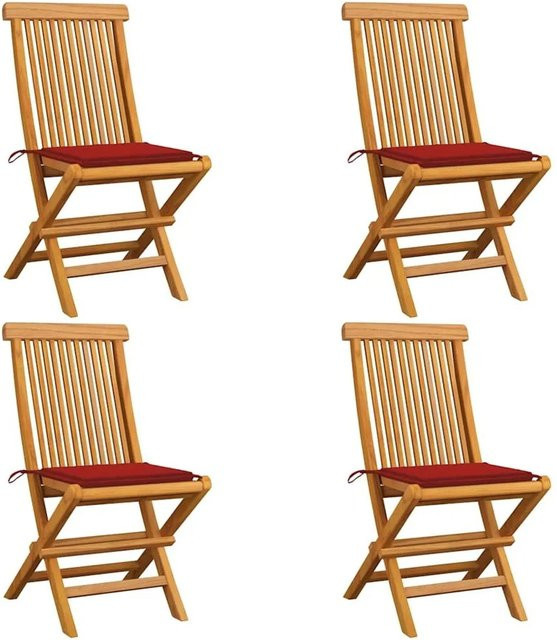 vidaXL Gartenstuhl-Set aus Teak Massivholz mit roten Kissen, 4 Stück, Braun - Bild 1