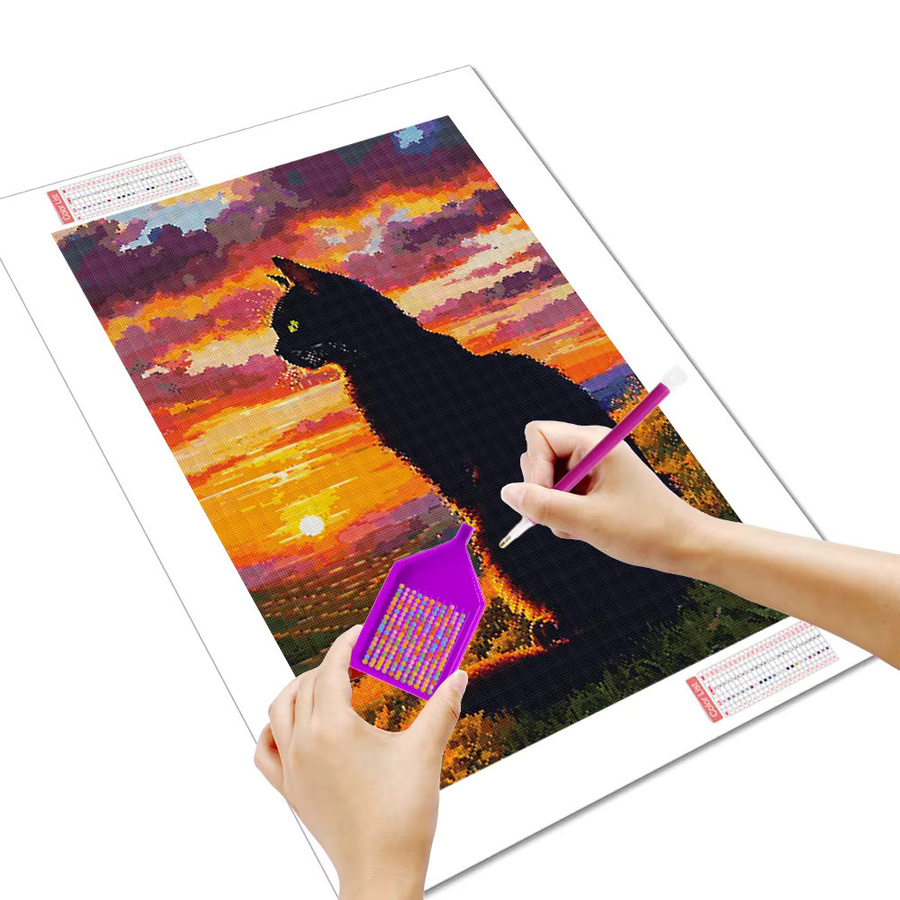 Huacan Volldiamantgemälde Katze im Sonnenuntergang als Diamant Mosaik Tierlandschaft in Multicolour, B: 30,0 cm, H: 20,0 cm - Bild 2