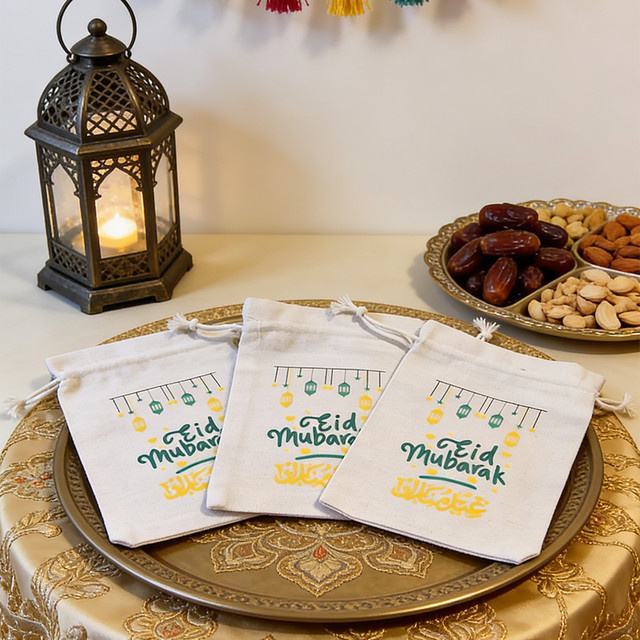 5er Set Eid Mubarak Geschenktaschen aus Baumwolle in Weiß für Ramadan und Iftar - Bild 1