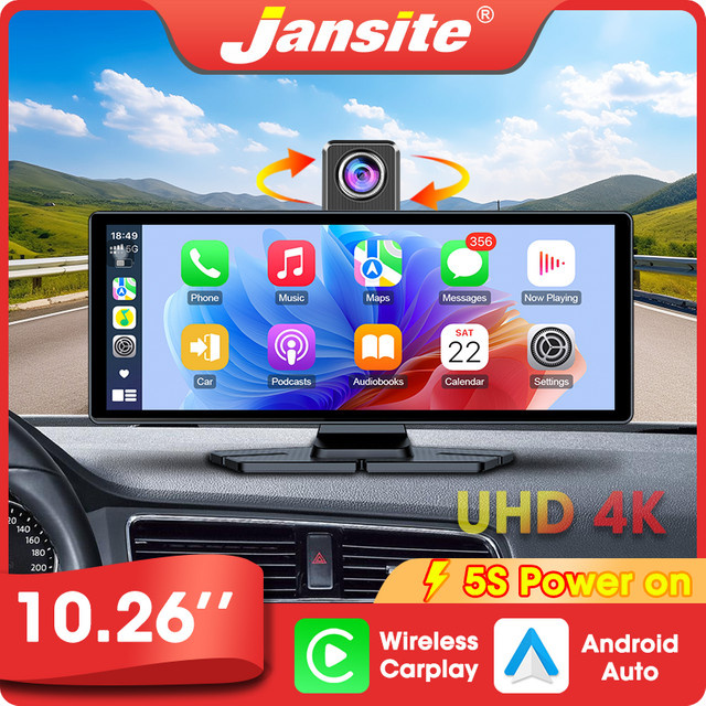 Jansite 10,26 Zoll 4K Dashcam mit CarPlay und Android Auto, Frontkamera 3840x2160P, Rückkamera 1080P und GPS-Navigation in Schwarz - Bild 1