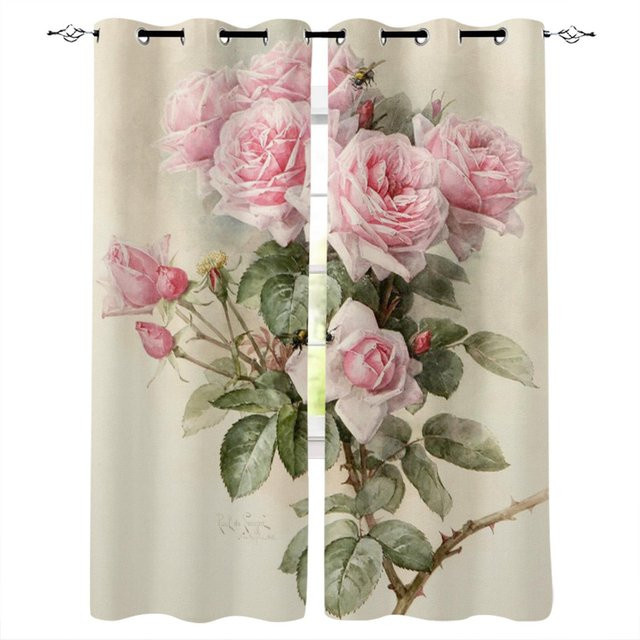 Super Six Fenstervorhang Rosa mit Rosenmuster, semi-transparentes Stoff-Panel für Wohnzimmer, Schlafzimmer oder Küche, B: 135 cm, H: 135 cm - Bild 1