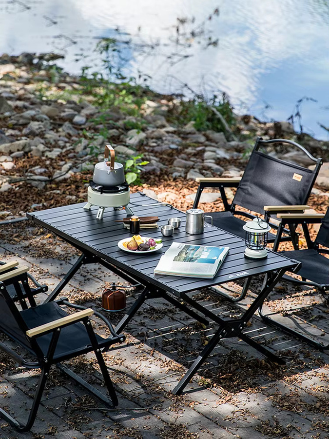 BISINNA Outdoor-Camping-Eierrollentisch aus Kohlenstoffstahl, tragbarer Klapptisch für Picknick und Grillen in Schwarz oder Beige - Bild 6