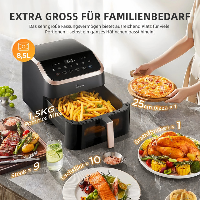 Midea XXL Heißluftfritteuse 8-in-1 mit Sichtfenster, 8,5 l Volumen, bis 200 °C, Schwarz/Roségold - Bild 1