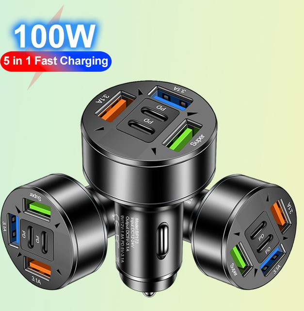GUSEYEE 100W Autoladegerät mit 3 USB Anschlüssen und 2 PD Ports, Schnellladegerät Typ C für iPhone, Samsung, Huawei und Xiaomi, Schwarz - Bild 1