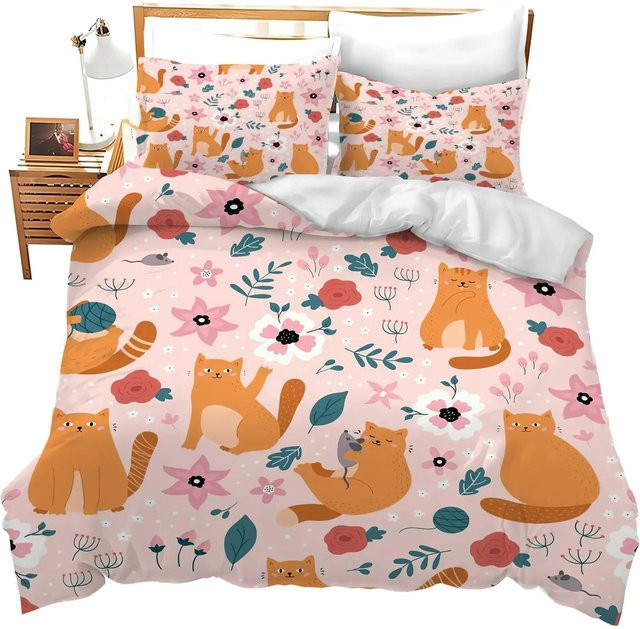 Bettwäsche Set mit niedlichem Kätzchen Muster für Katzenliebhaber, 3-teilig, Queen Size, B/H: 180 x 210 cm - Bild 1