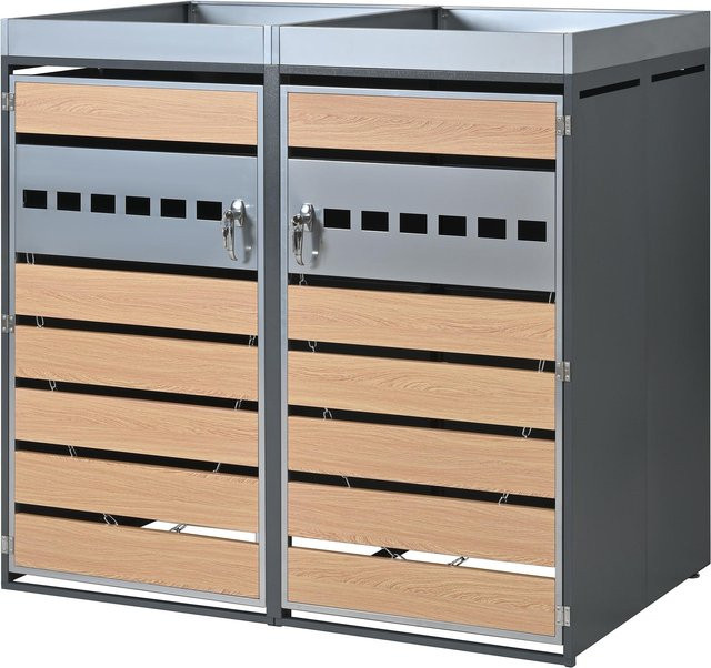 GL Store Mülltonnenbox mit integriertem Pflanztrog und Belüftung, abschließbarer 2-türiger Schrank in Grau und Naturfarbe, B/T/H: 132 x 80 x 124,5 cm - Bild 1