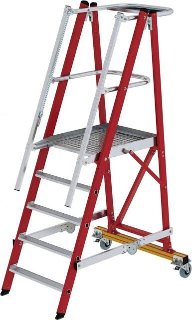 Günzburger Plattformleiter aus GFK und Aluminium mit 5 Stufen, fahrbar und klappbar, Farbe Rot - Bild 1