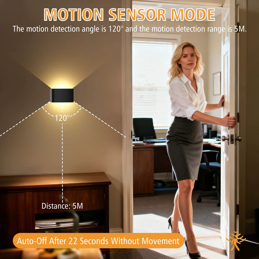 T-SUNRISE Wiederaufladbare LED-Wandleuchte in Schwarz mit Bewegungssensor und Fernbedienung, Warmweiß, Up-and-Down Licht für den Innenbereich - Bild 3