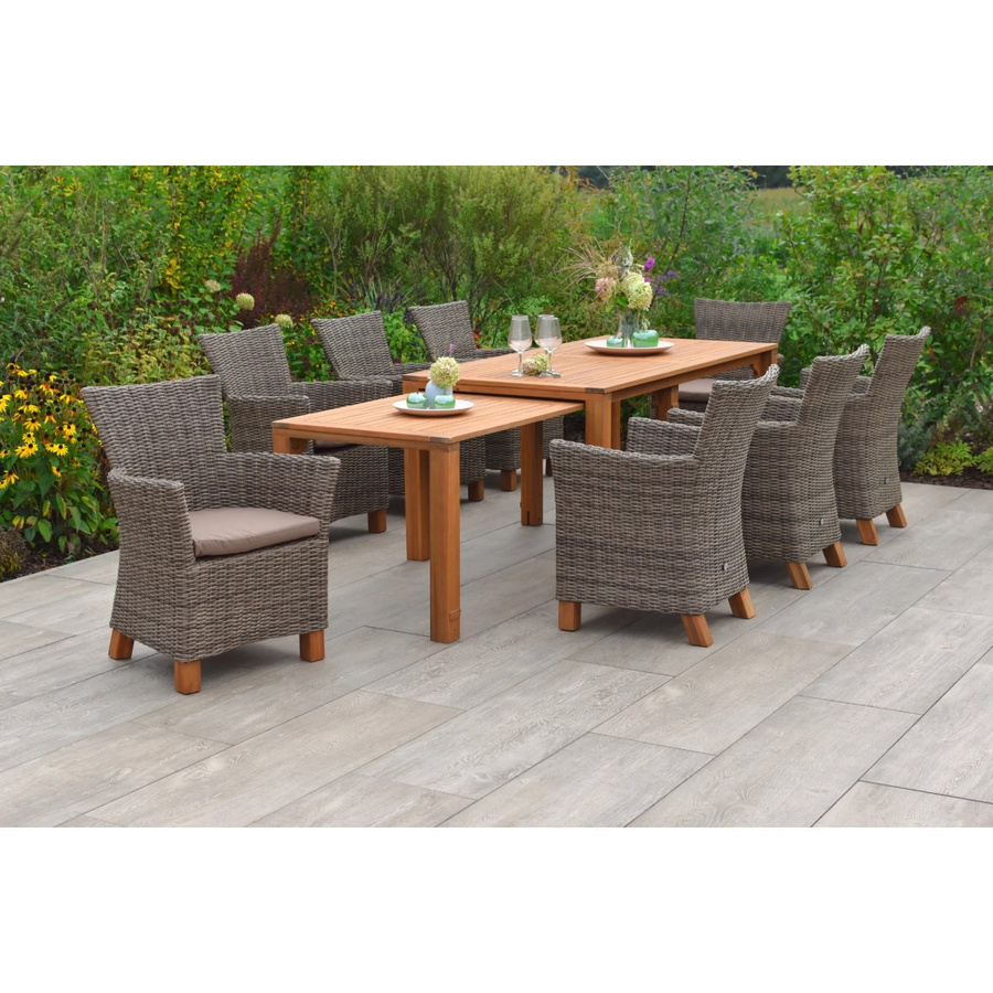 Merxx Gartenmöbelset Toskana 9-teilig mit ausziehbarem Gartentisch und 8 Sesseln aus Akazienholz und Aluminium in Beige und Natur - Bild 2