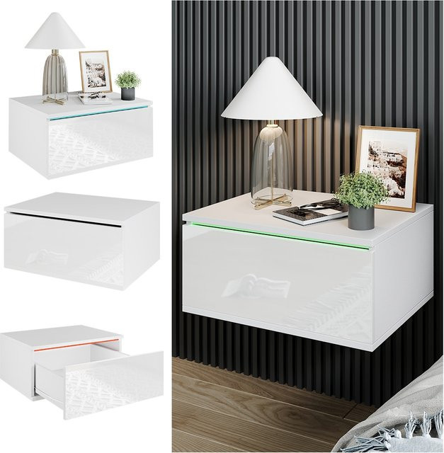 Vicco Nachtschrank Samira Weiß Hochglanz mit integrierter LED-Beleuchtung, Breite: 49 cm, Tiefe: 38 cm - Bild 1