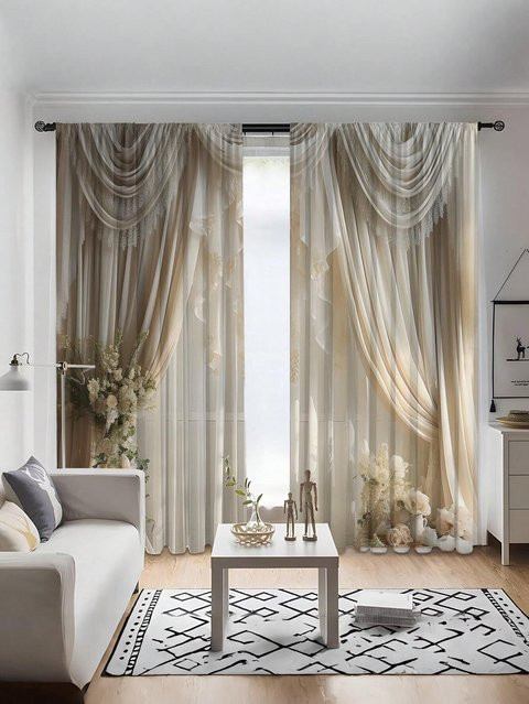 Yiran Furniture 2-teiliges Vorhangset mit Natur-Motiv im Retro-Stil, beige, halbtransparent, Polyester, Breite: 75 cm, Höhe: 166 cm - Bild 1