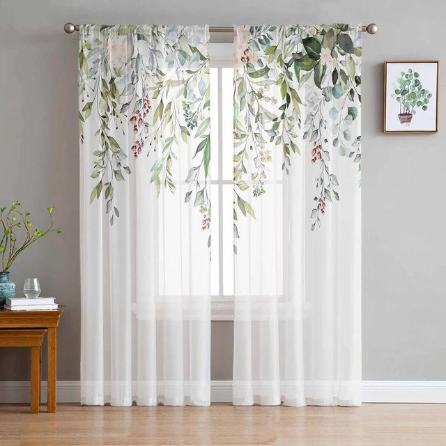 Yiran Furniture Transparenter Tüll-Vorhang mit Aquarell-Blumen und Eukalyptusblättern, Weiß, B: 135 cm, H: 160 cm - Bild 1