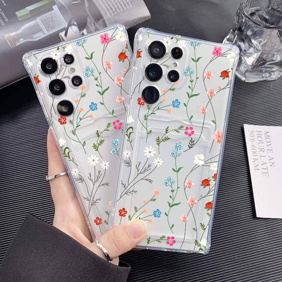 Silikon Handyhülle mit Kartenhalter und Blumenmuster für Samsung Galaxy S25 Ultra, A56 5G, A55, A54, A53, S24 FE, S23, S22 Plus, A52 in Transparent - Bild 4