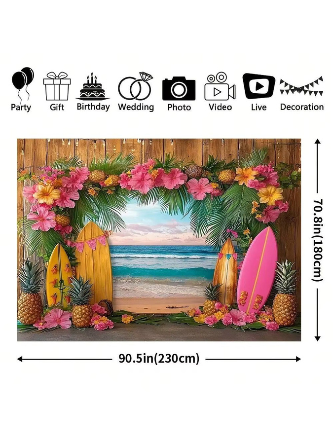 OURFETE Hawaiianischer Strand-Hintergrund mit Palmen und Surfbrettern in Mehrfarbig für deine Sommer-Aloha-Themenparty - Bild 2