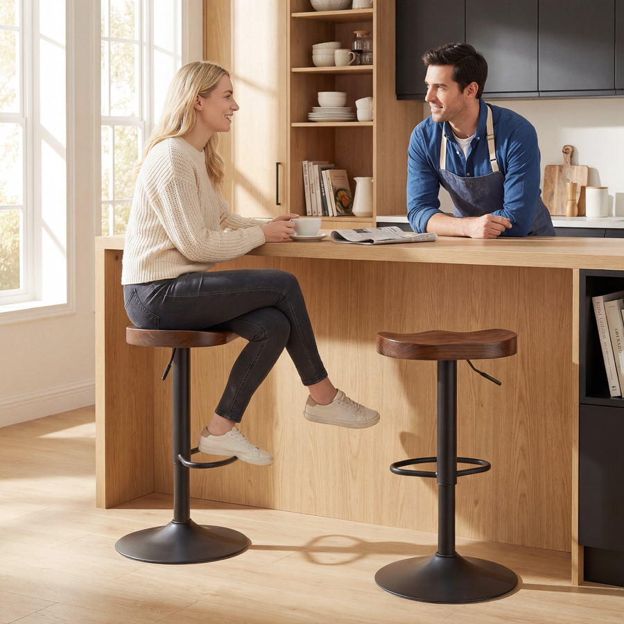 HOMCOM Barhocker Set aus 2 Stück, höhenverstellbare und drehbare Barstühle mit Sattelsitz aus Ulmenholz, Dunkelbraun und Schwarz - Bild 2