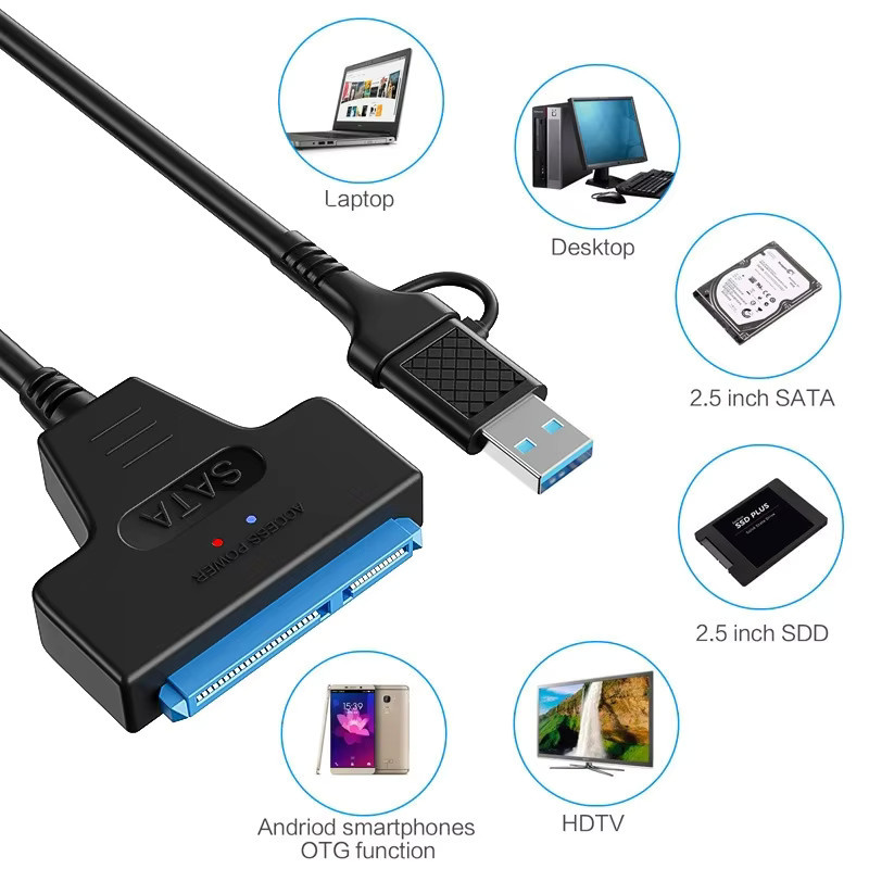 Kebidu SATA zu USB 3.0 und Typ-C Adapter für 2,5 und 3,5 Zoll HDD SSD Festplatten, Schwarz - Bild 5