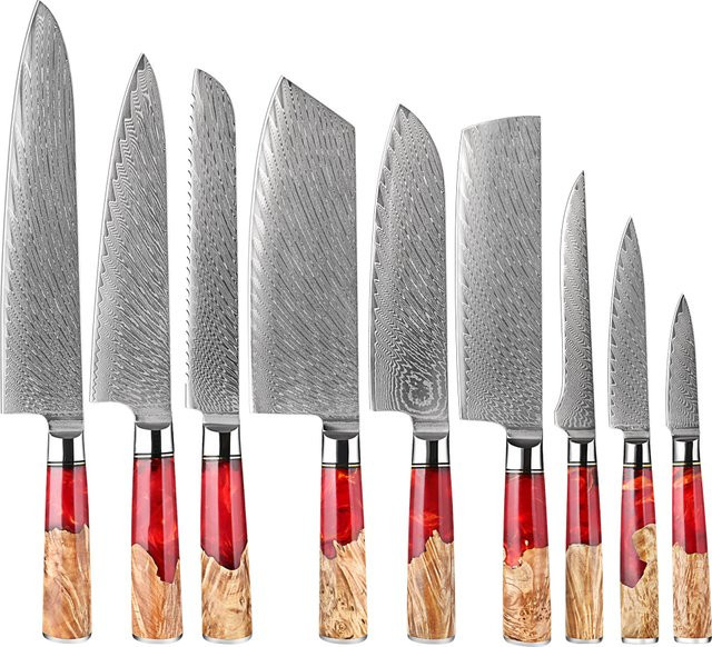 Xituo Damaszener Stahl Küchenmesser-Set 9-teilig mit rotem Harzgriff - Bild 1